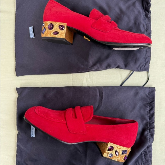 Prada Shoes - Prada Red Suede Jeweled Block Heel Loafers
